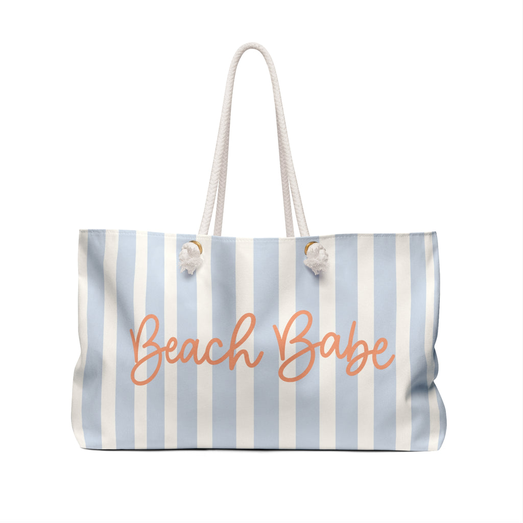 Beach Babe Coastal Weekender Tote Bag | Beach Bag with Rope Handles | Cute Blue Striped Vacation Tote | Weekender Bag