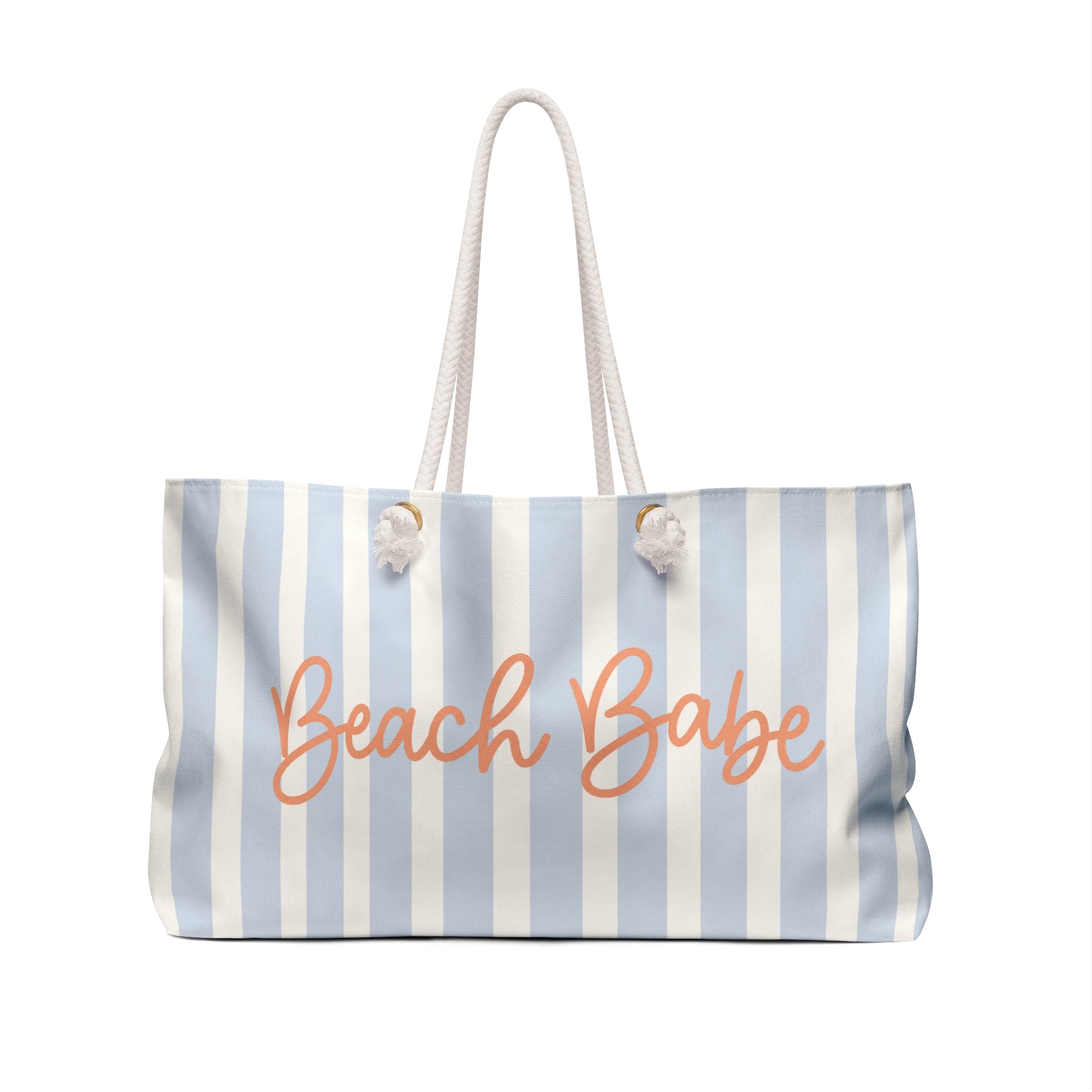 Beach Babe Coastal Weekender Tote Bag | Beach Bag with Rope Handles | Cute Blue Striped Vacation Tote | Weekender Bag