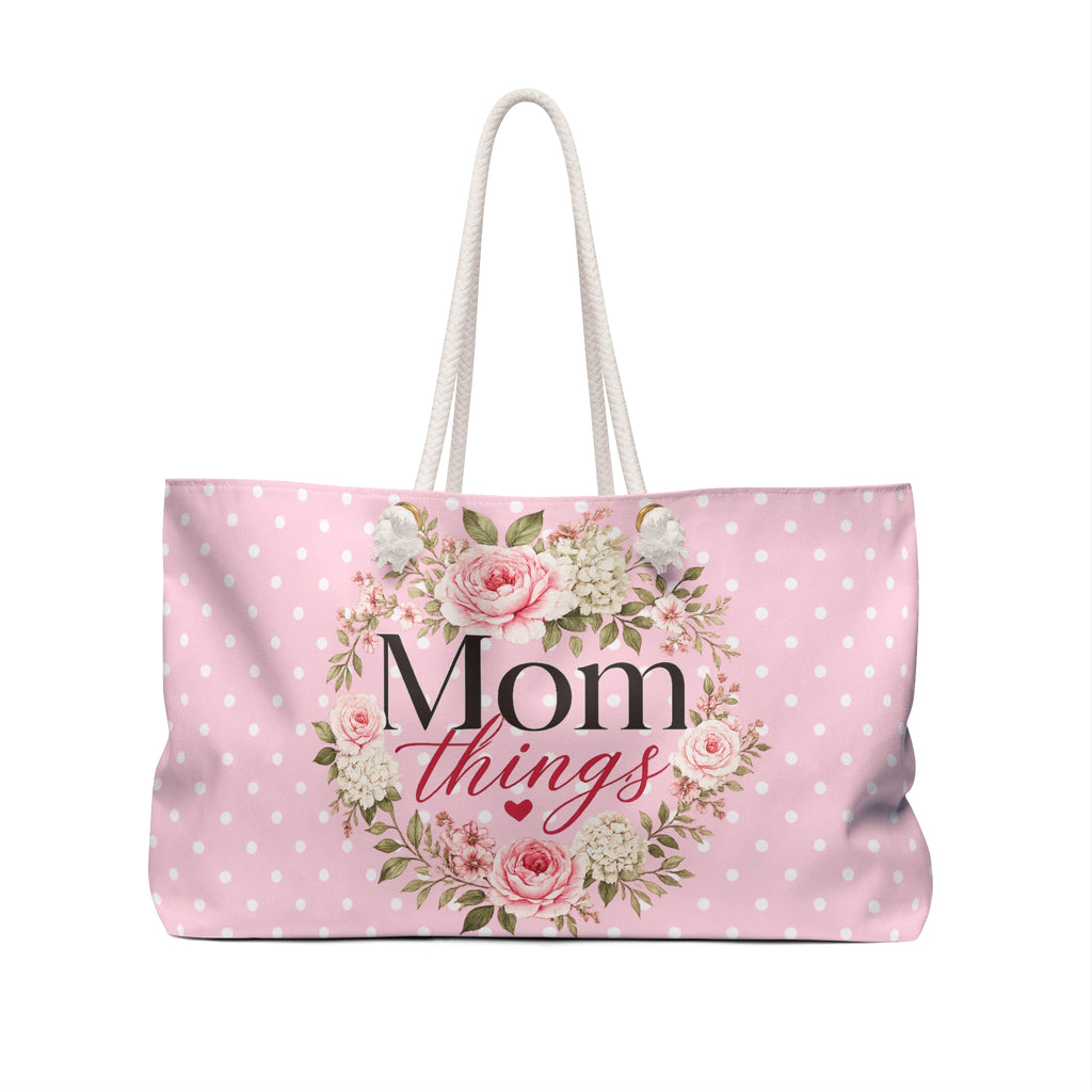 Mom Things Floral Weekender Bag | Pink Polka Dot Travel Tote for Moms | Large Overnight & Baby Essentials Bag | Pink Floral Tote for Mother’s Day Gift