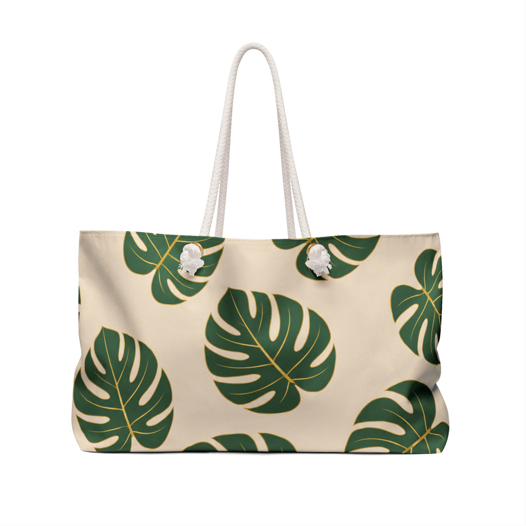 Tropical Monstera Weekender Bag | Beige & Green Travel Tote | Luxury Coastal Overnight Bag | Beach Vacation Carryall | Rope Handle Weekend Bag | Tropical Travel Tote