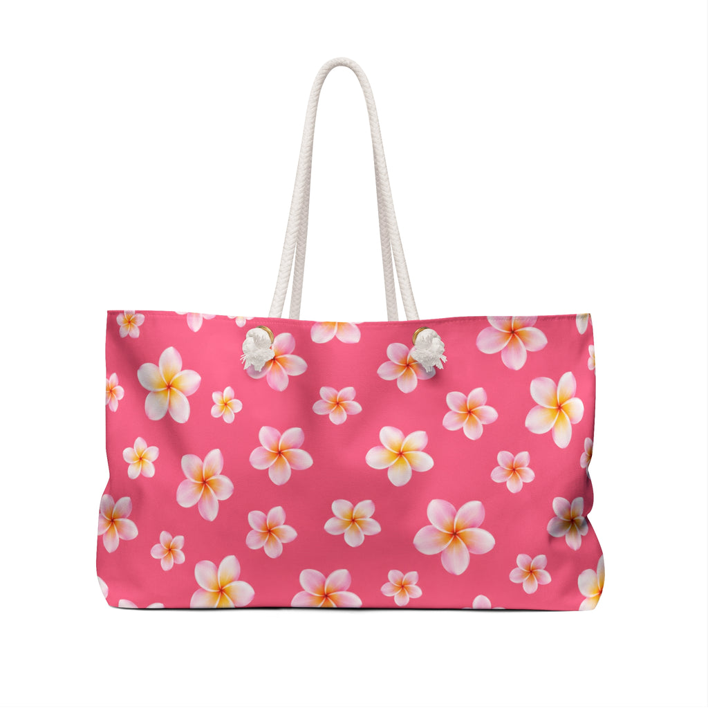 Pink Tropical Plumeria Weekender Bag | Cute Beach Tote Bag for Women | Hawaiian Travel Overnight Bag | Summer Vacation Carryall | Tropical Vacation Tote