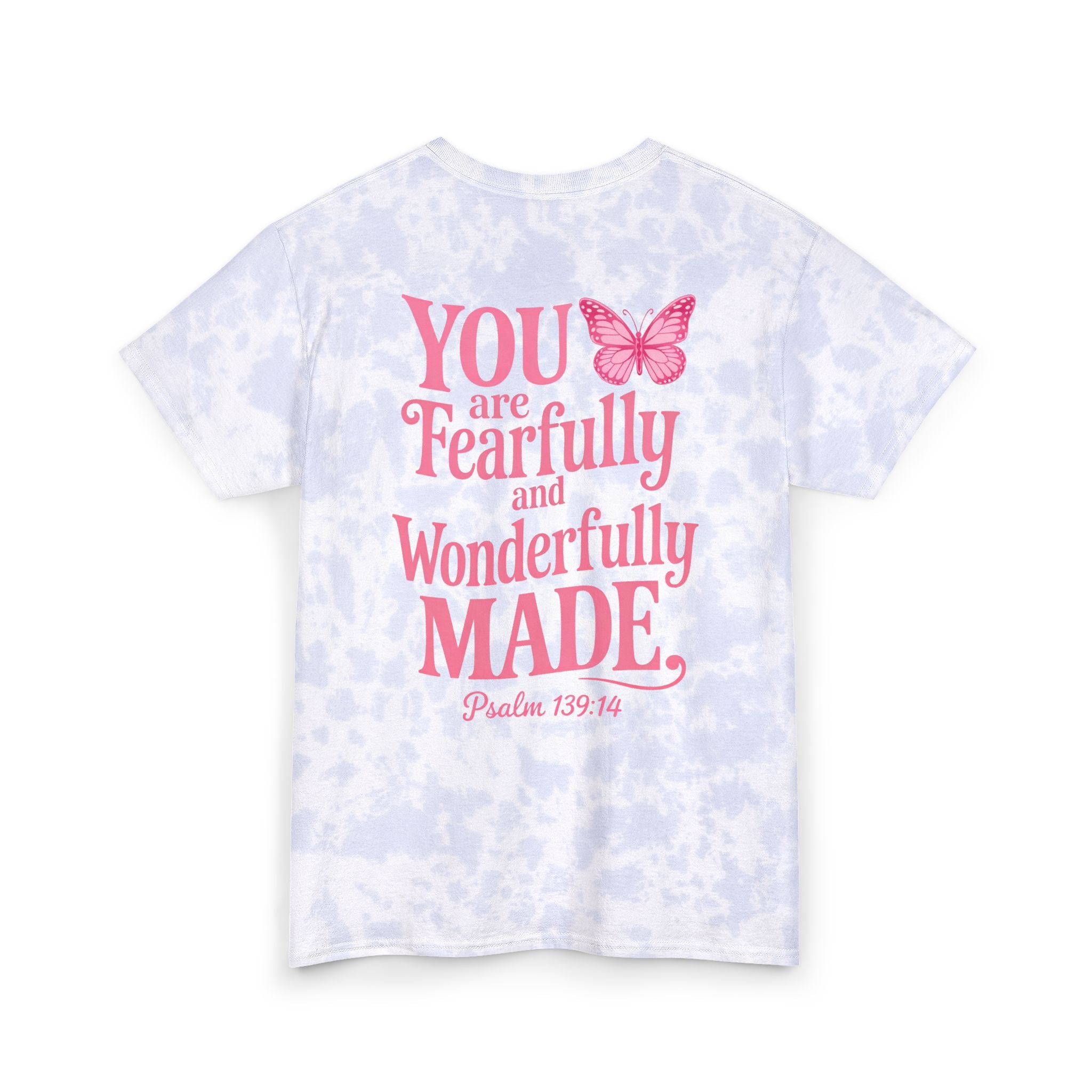 Faith Tie Dye T-Shirt | Fearfully and Wonderfully Made Christian Graphic Tee | Cute Pink Butterfly Bible Verse Shirt | Inspirational Psalm Shirt