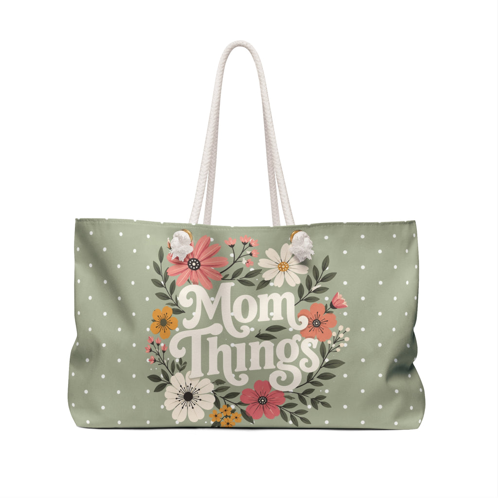 Mom Things Weekender Bag | Stylish & Spacious Travel Tote for Moms | Sage Polka Dot Floral Tote Bag | Mom Floral Weekender Bag | Travel Tote for Moms