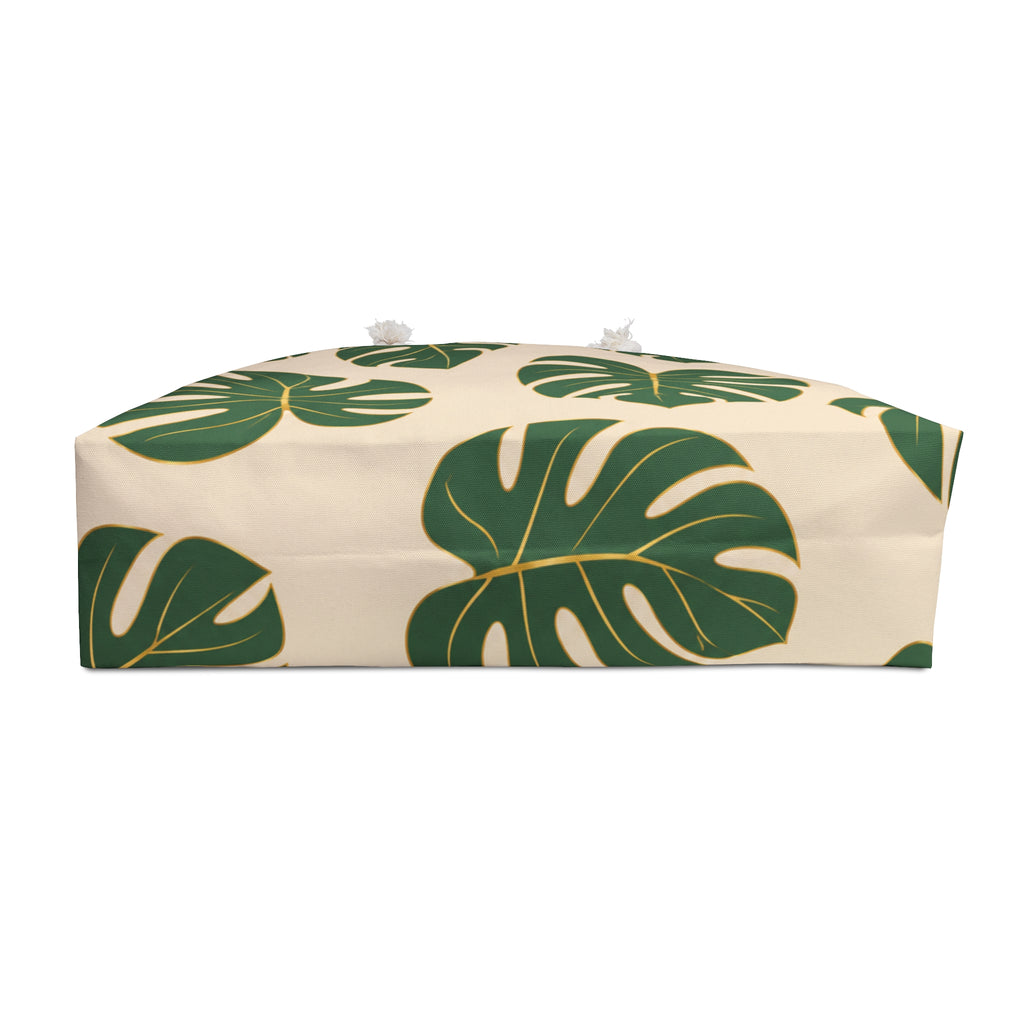 Tropical Monstera Weekender Bag | Beige & Green Travel Tote | Luxury Coastal Overnight Bag | Beach Vacation Carryall | Rope Handle Weekend Bag | Tropical Travel Tote