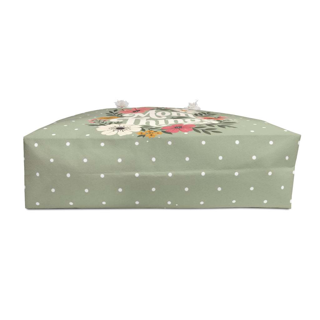 Mom Things Weekender Bag | Stylish & Spacious Travel Tote for Moms | Sage Polka Dot Floral Tote Bag | Mom Floral Weekender Bag | Travel Tote for Moms