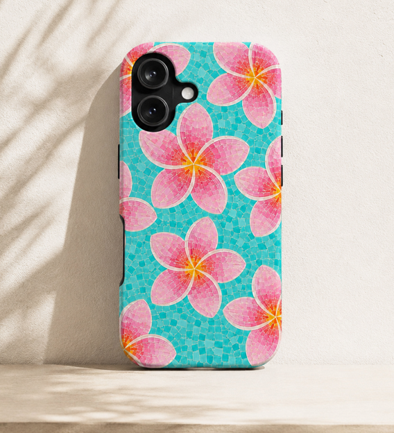Pink Plumeria Faux Mosaic Phone Case | Tropical Floral Aqua iPhone & Samsung Galaxy Case | Beachy Summer Protective Cover