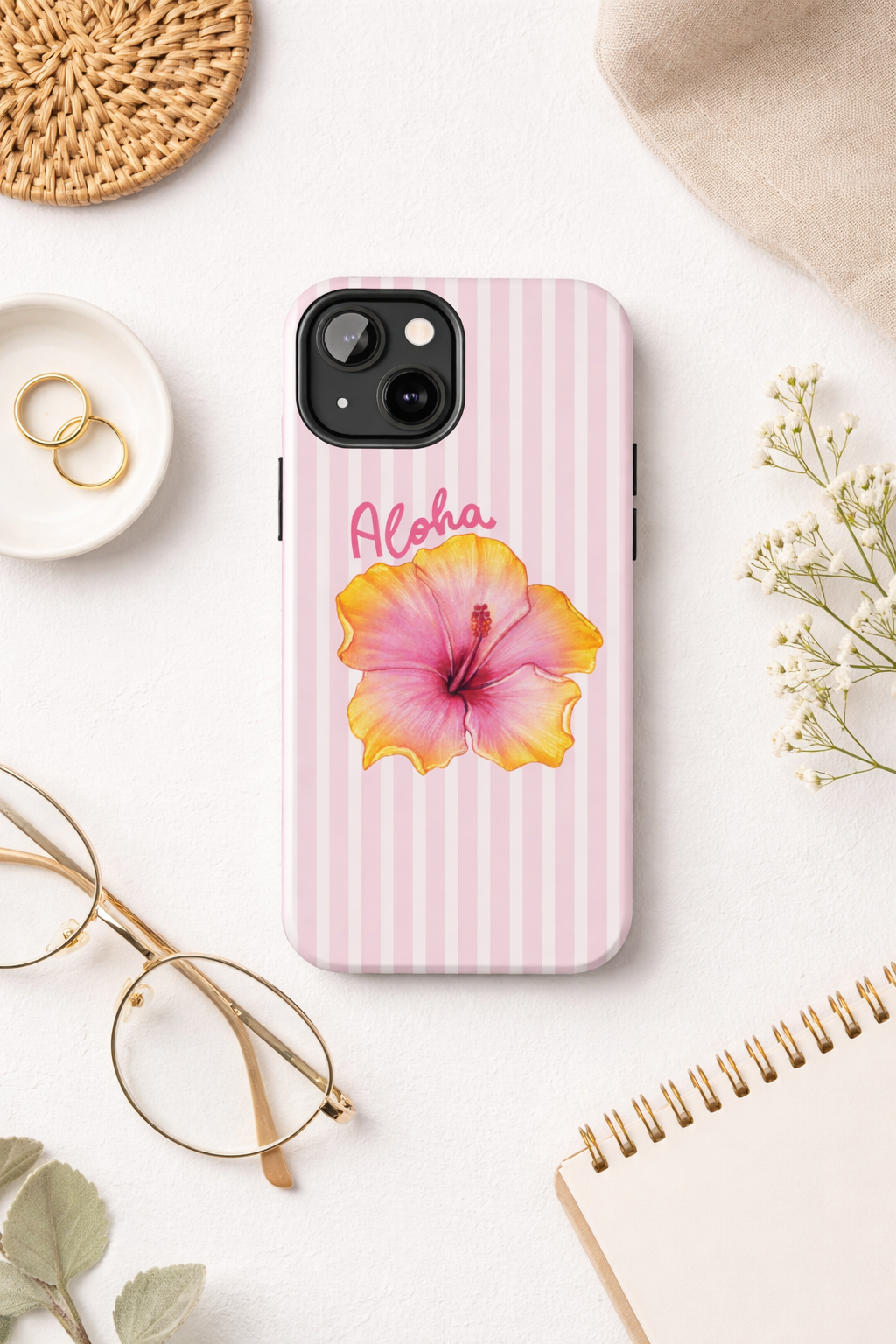 Aloha Hibiscus iPhone Case | Cute Tropical Floral Phone Case | Pink Striped Aesthetic Cover | Summer Beach Vibes Tough Case