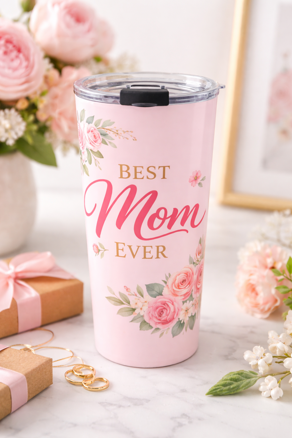 Best Mom Ever 20oz Tumbler | Floral Pink Insulated Coffee Cup | Mother’s Day Gift | Stainless Steel Travel Mug | Peony Tumbler
