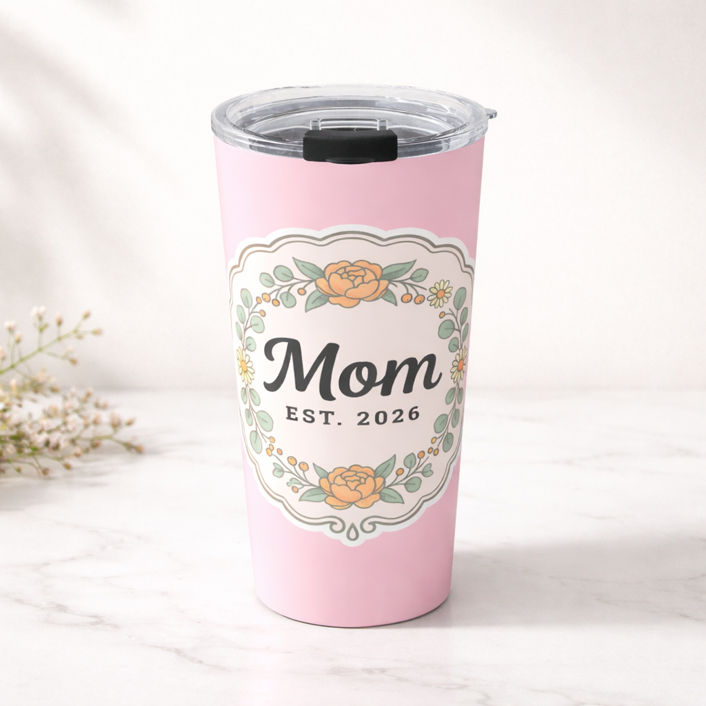 Mom Est 2026 Tumbler 20oz | Floral Mother’s Day Gift | Insulated Coffee Cup | New Mom Gift | Baby Shower Gift | Pink Travel Mug