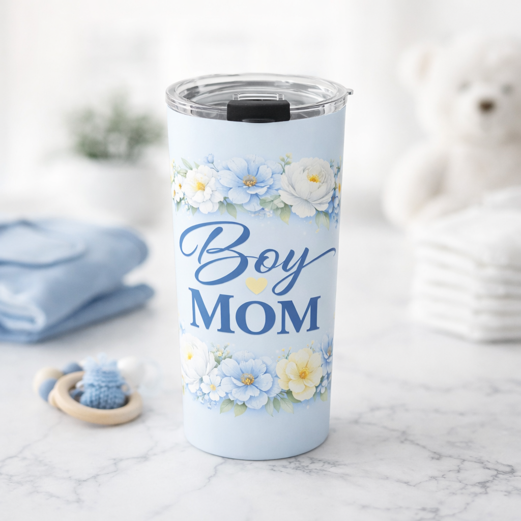 Boy Mom Floral Tumbler 20oz  | Blue Mom Cup | Insulated Stainless Steel | Mother’s Day Gift for Moms | Coffee Travel Mug