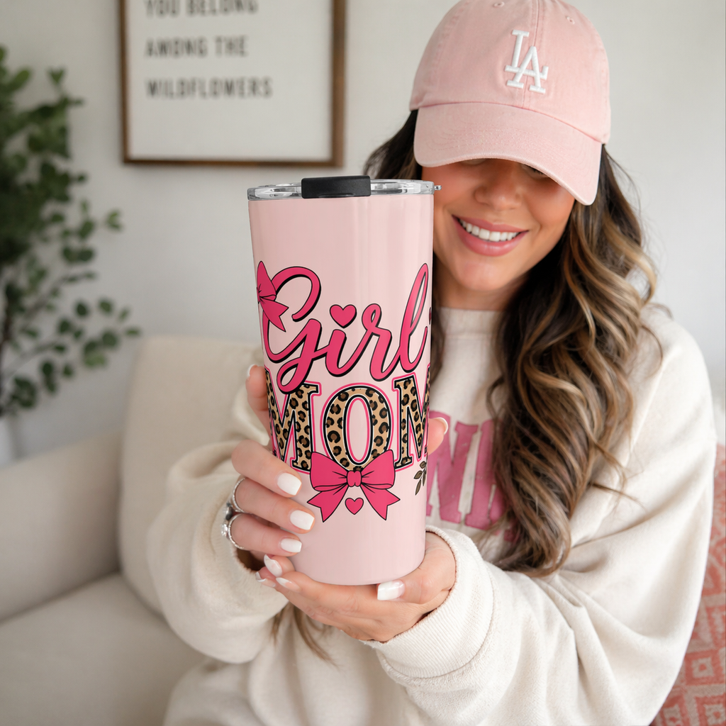 Girl Mom Tumbler 20oz | Cute Pink Leopard Print Coffee Cup for Moms | Trendy Gift for Mom | Insulated Travel Mug