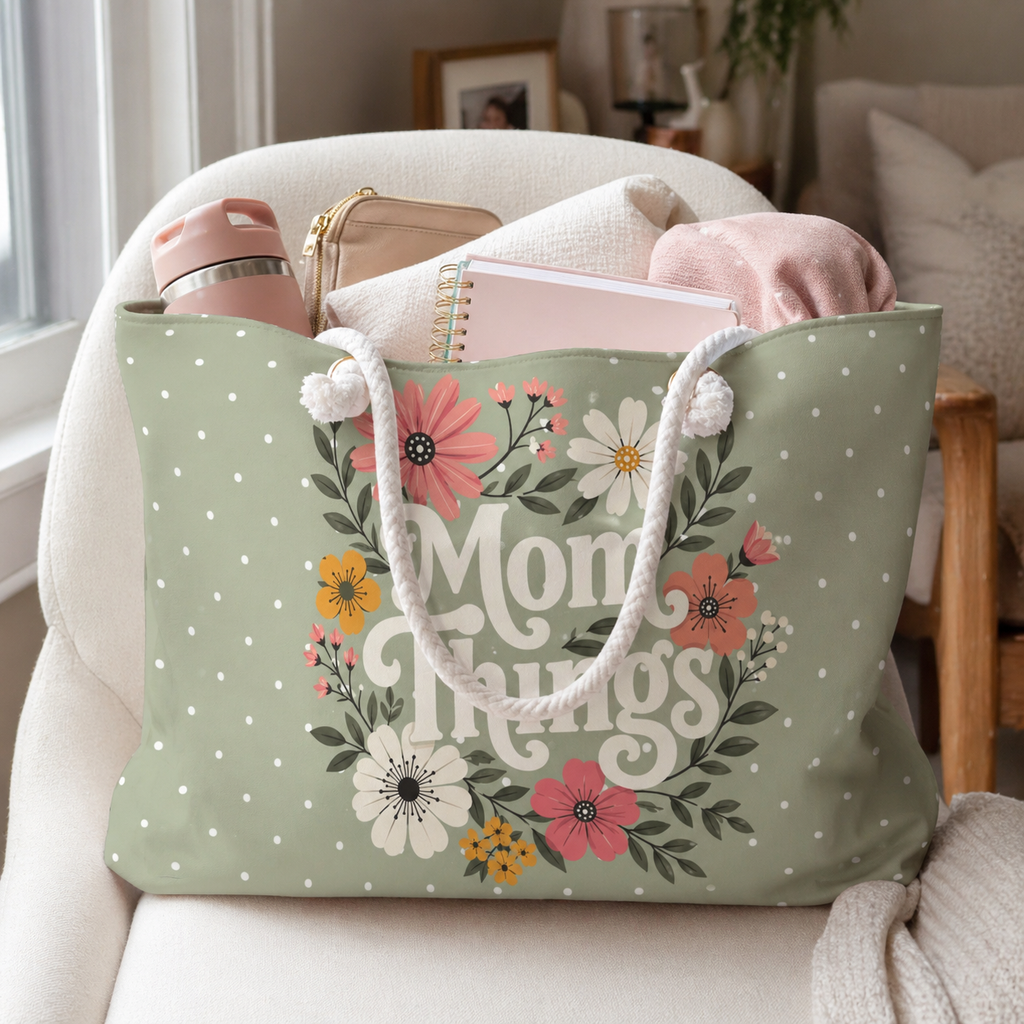 Mom Things Weekender Bag | Stylish & Spacious Travel Tote for Moms | Sage Polka Dot Floral Tote Bag | Mom Floral Weekender Bag | Travel Tote for Moms