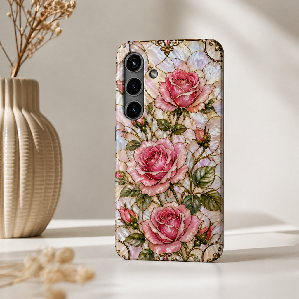 Luxury Pink Roses Stained Glass Phone Case | Pearly Floral Design with Gold Details | iPhone & Samsung Protective Case | Pink Floral Protective Cover