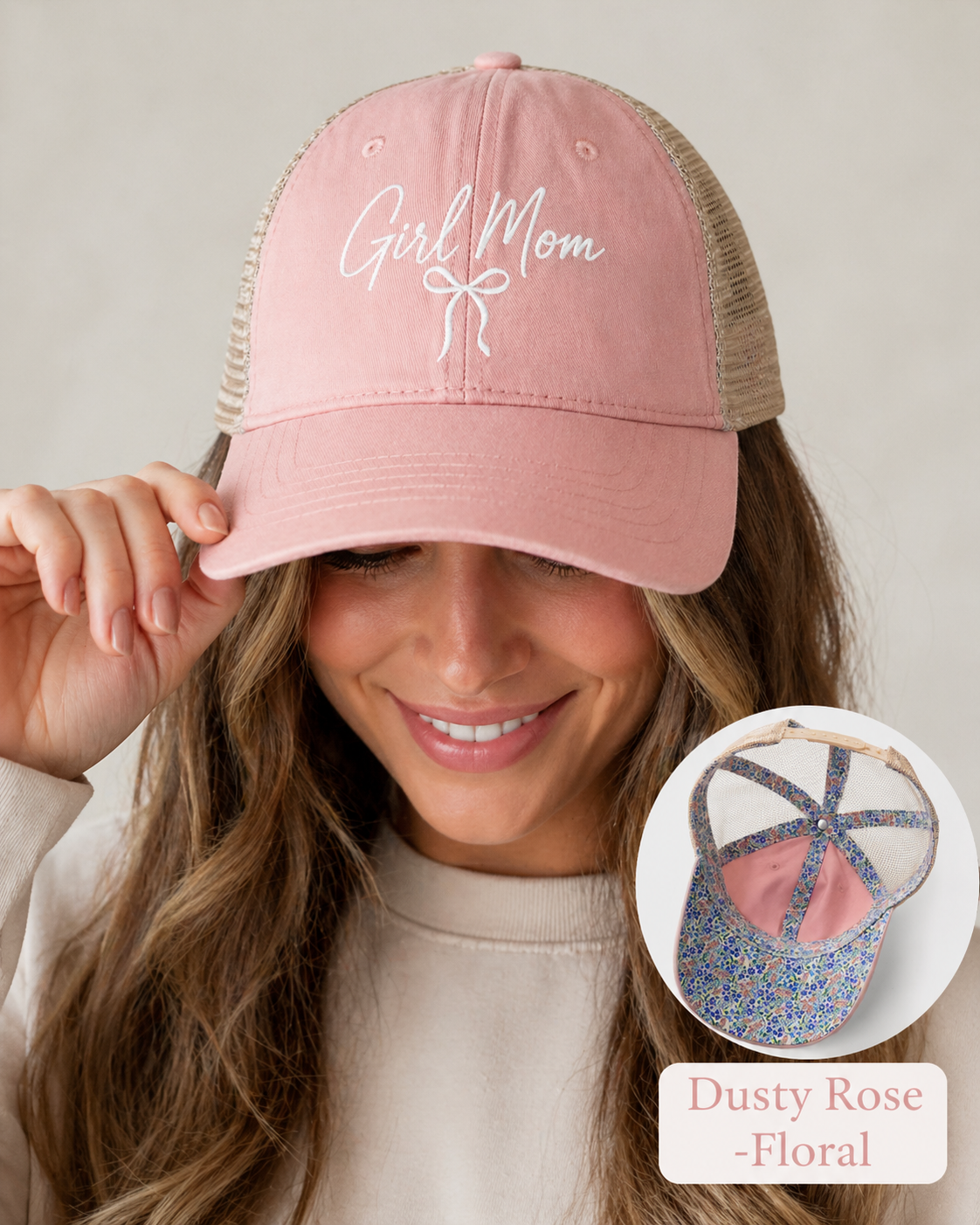 Girl Mom Hat | Dusty Rose Bow Cap | Cute Mom Hat Gift | Women's Washed Mesh-Back Cap | New Mom Gift
