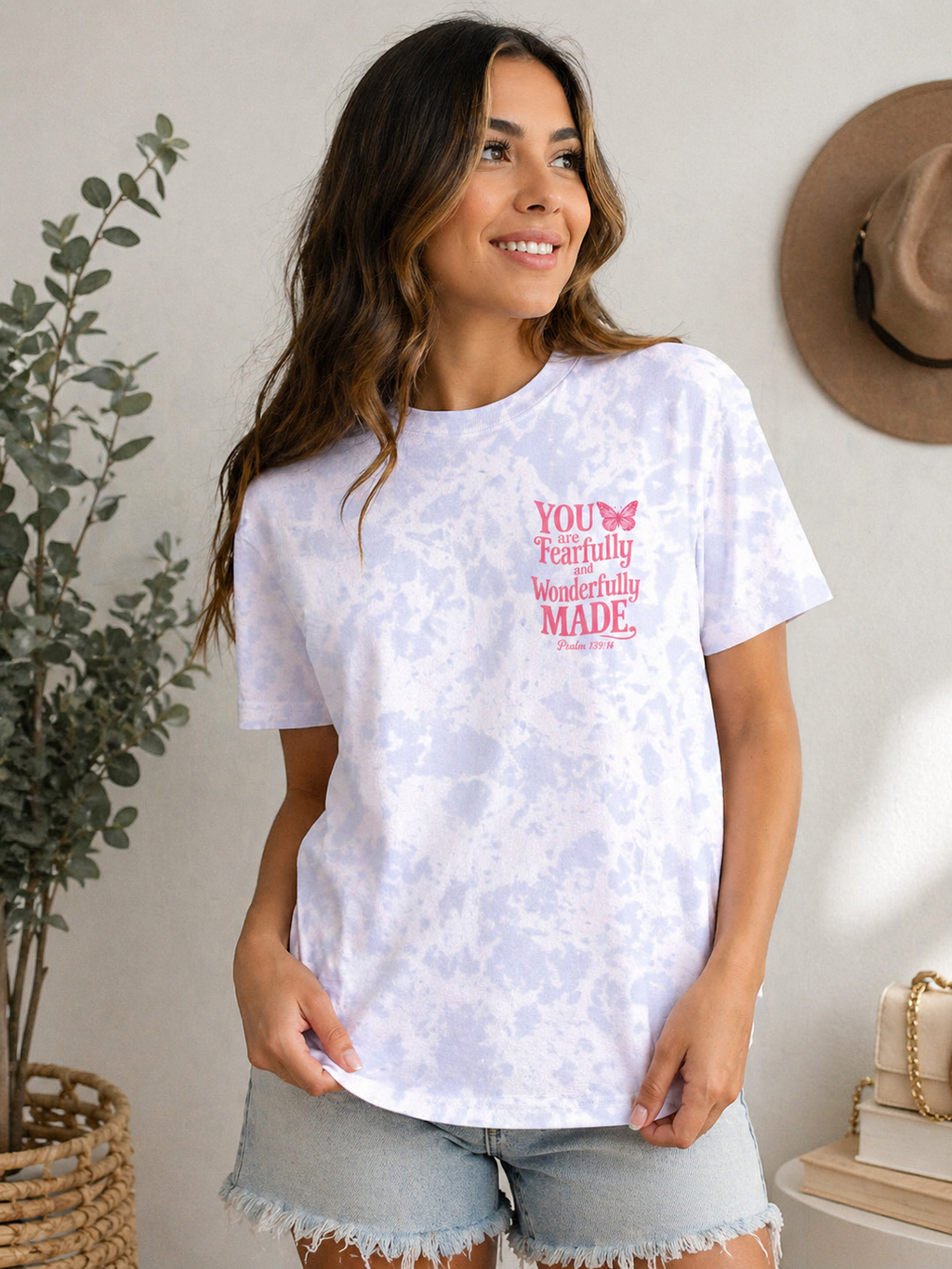 Faith Tie Dye T-Shirt | Fearfully and Wonderfully Made Christian Graphic Tee | Cute Pink Butterfly Bible Verse Shirt | Inspirational Psalm Shirt