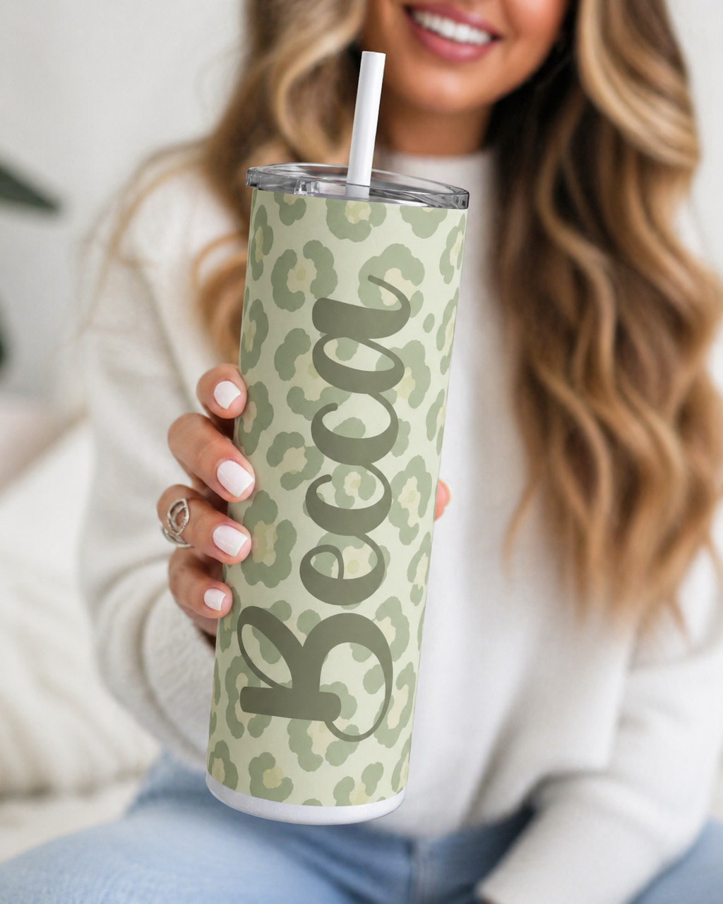 Custom Name Leopard Print Tumbler | Personalized 20oz Stainless Steel Skinny Tumbler with Straw | Trendy Aesthetic Gift for Her