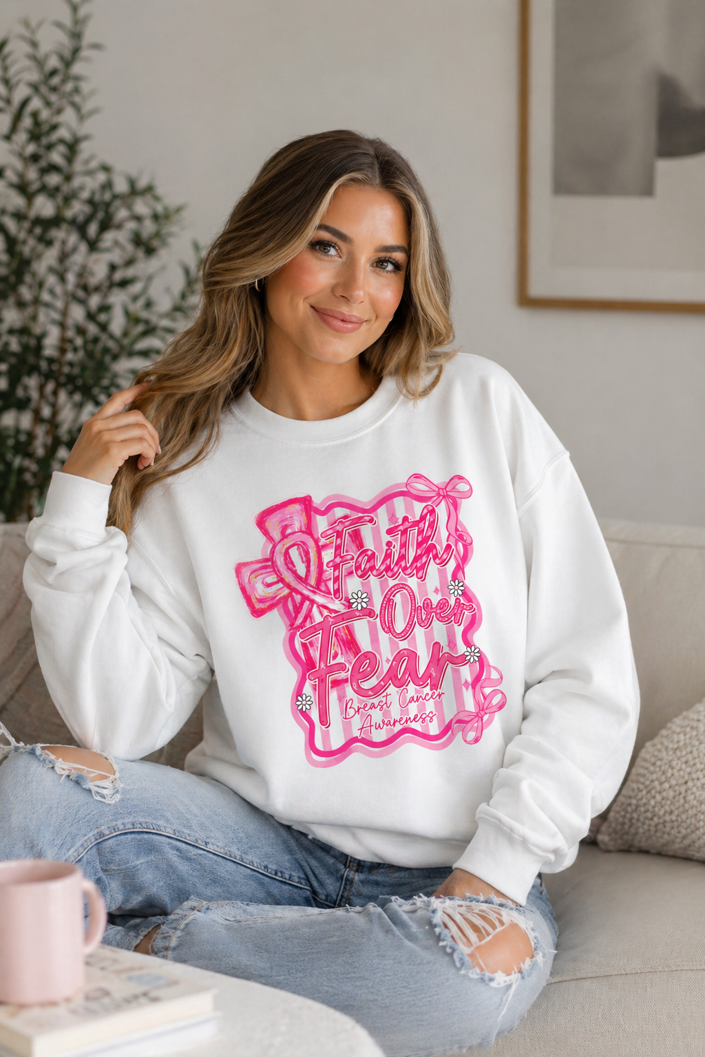 Faith Over Fear Breast Cancer Awareness Sweatshirt | Cozy Unisex Crewneck | Soft Pink Graphic Pullover | Support & Style Everyday