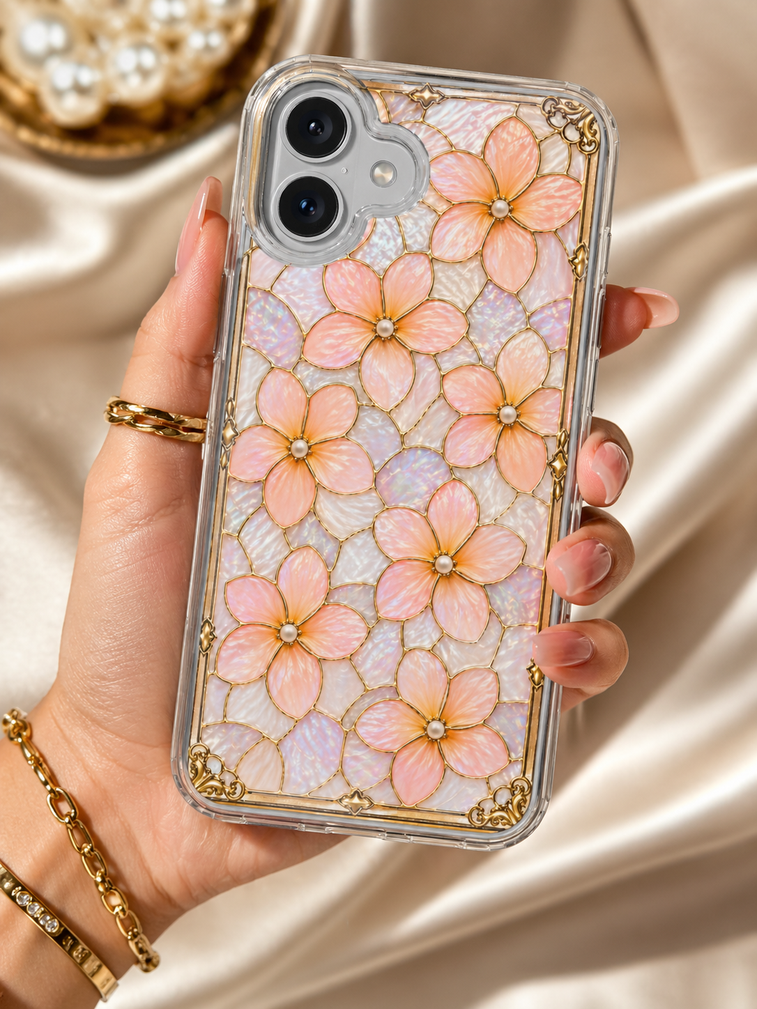 Luxury Pastel Plumeria Clear Phone Case | Stained Glass Floral iPhone Case | Shockproof Slim Transparent Cover