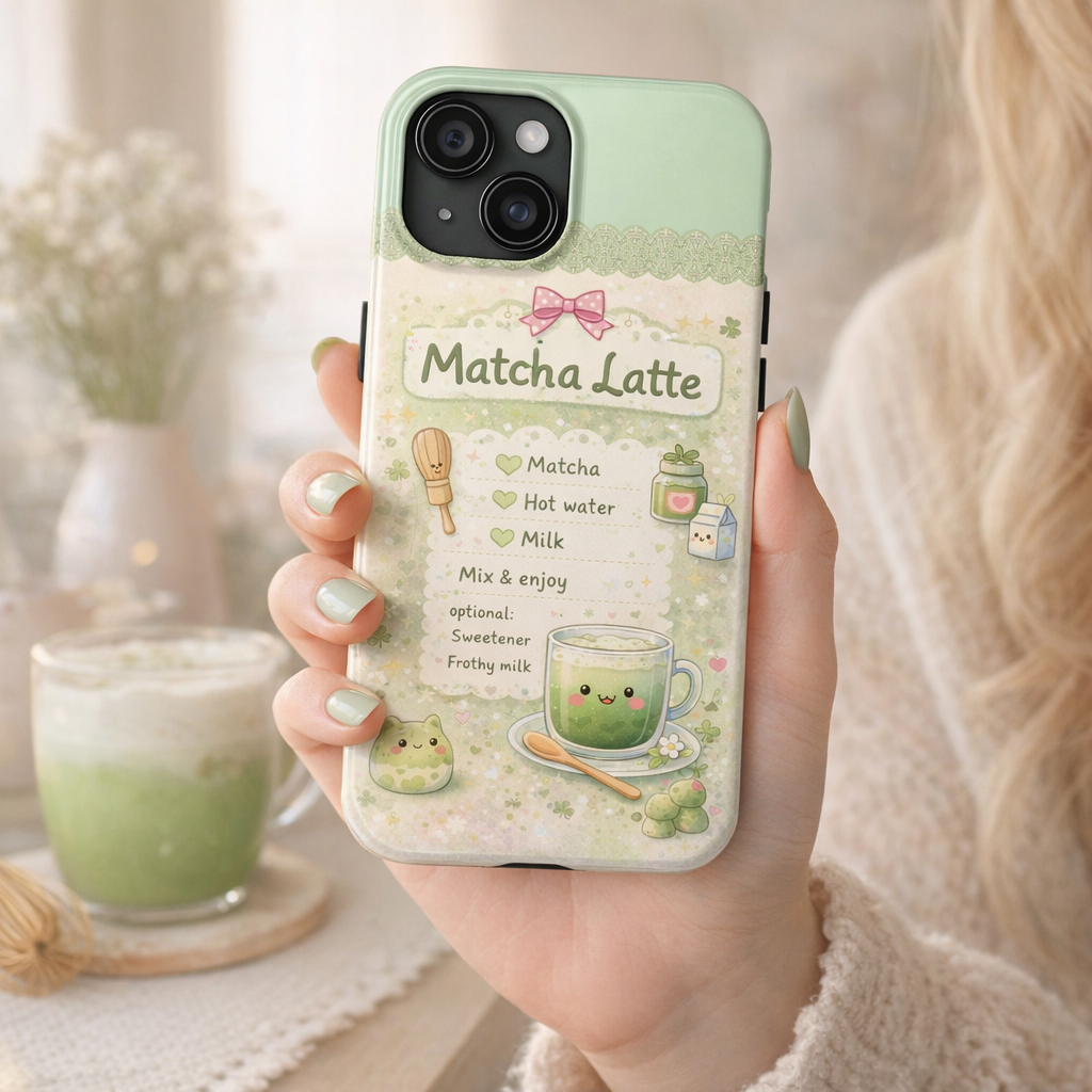 Cute Matcha Latte Phone Case for iPhone & Samsung Galaxy | Kawaii Aesthetic Tough Protective Case with Glossy Finish | Cute Kawaii Recipe Phone Case