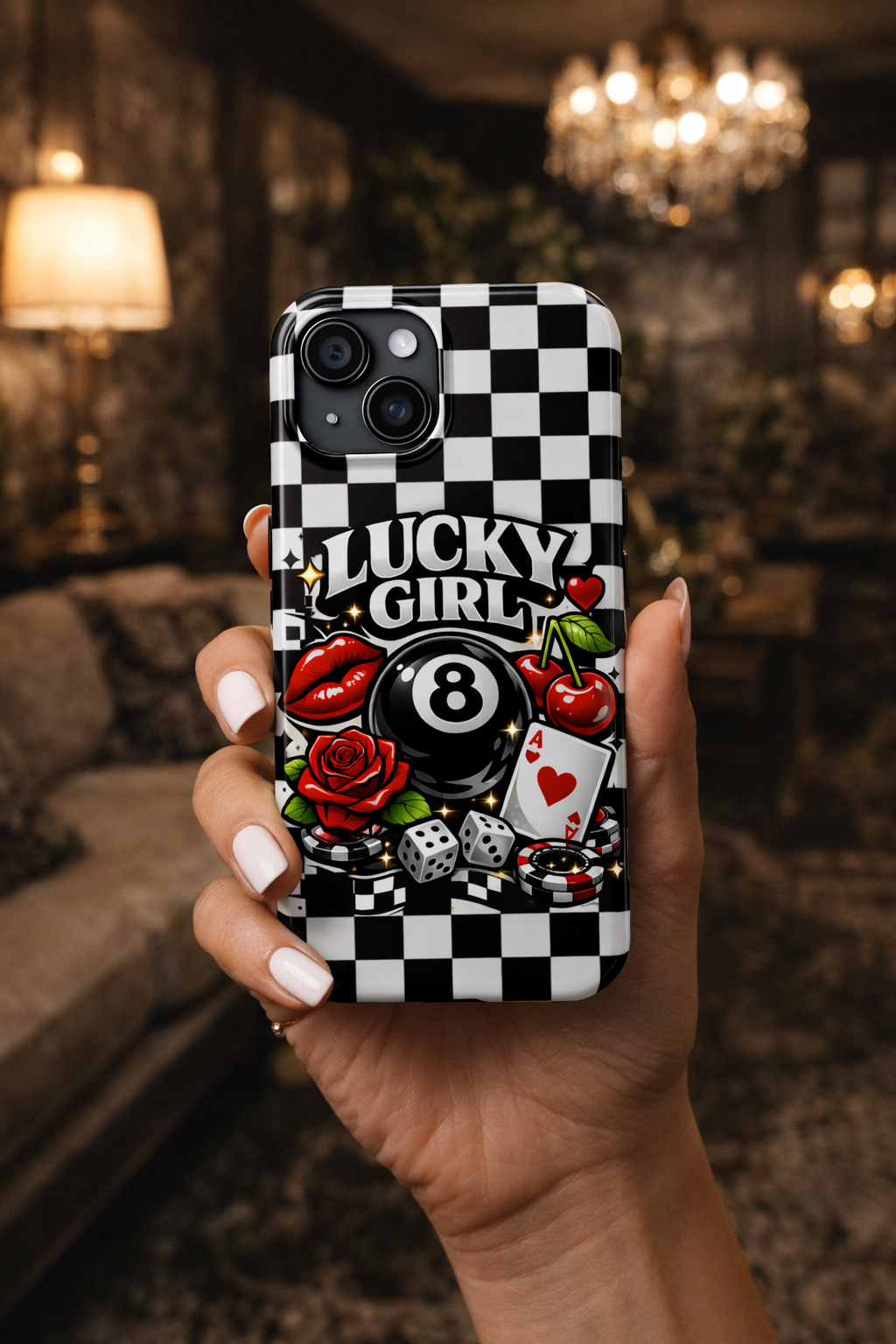 Lucky Girl 8 Ball Phone Case | Black & White Checkerboard Aesthetic | Casino Chic, Cherry & Rose | Glossy Tough Case for iPhone & Samsung