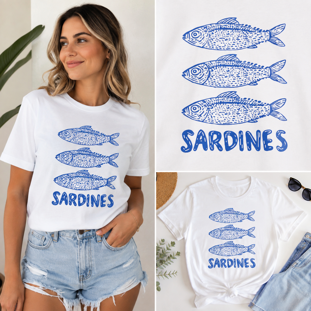 Vintage Sardines Graphic T-Shirt | Coastal Summer Tee | Blue Fish Graphic Shirt | Beach Aesthetic Unisex Jersey Tee | Nautical Seafood Lover Gift