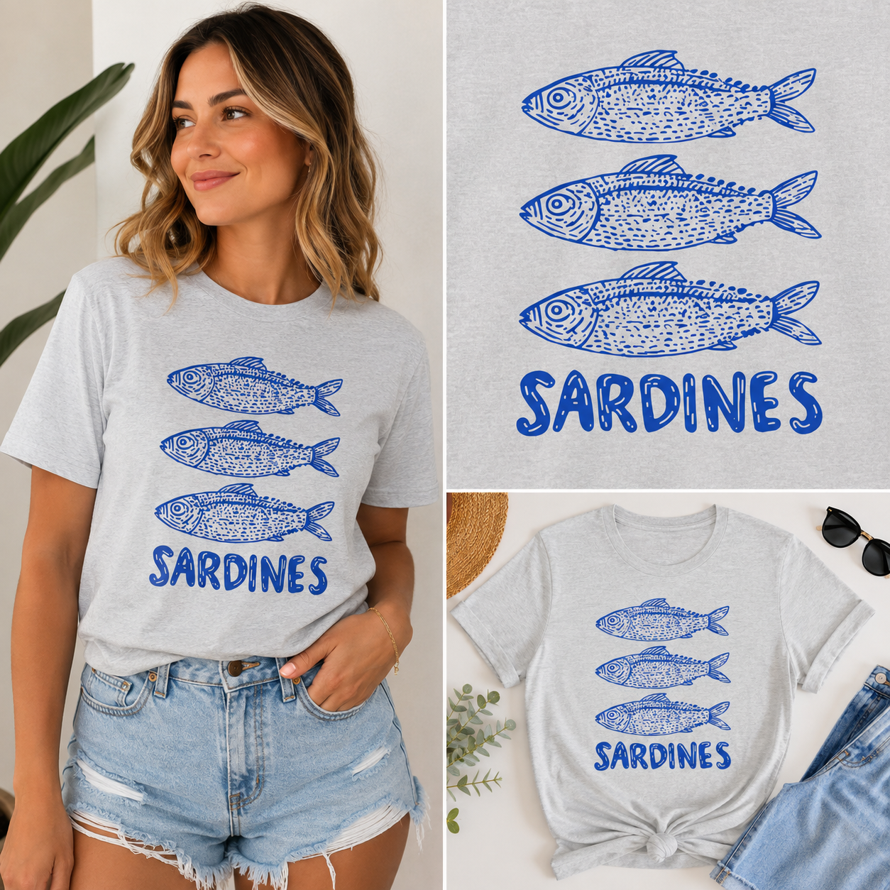Vintage Sardines Graphic T-Shirt | Coastal Summer Tee | Blue Fish Graphic Shirt | Beach Aesthetic Unisex Jersey Tee | Nautical Seafood Lover Gift