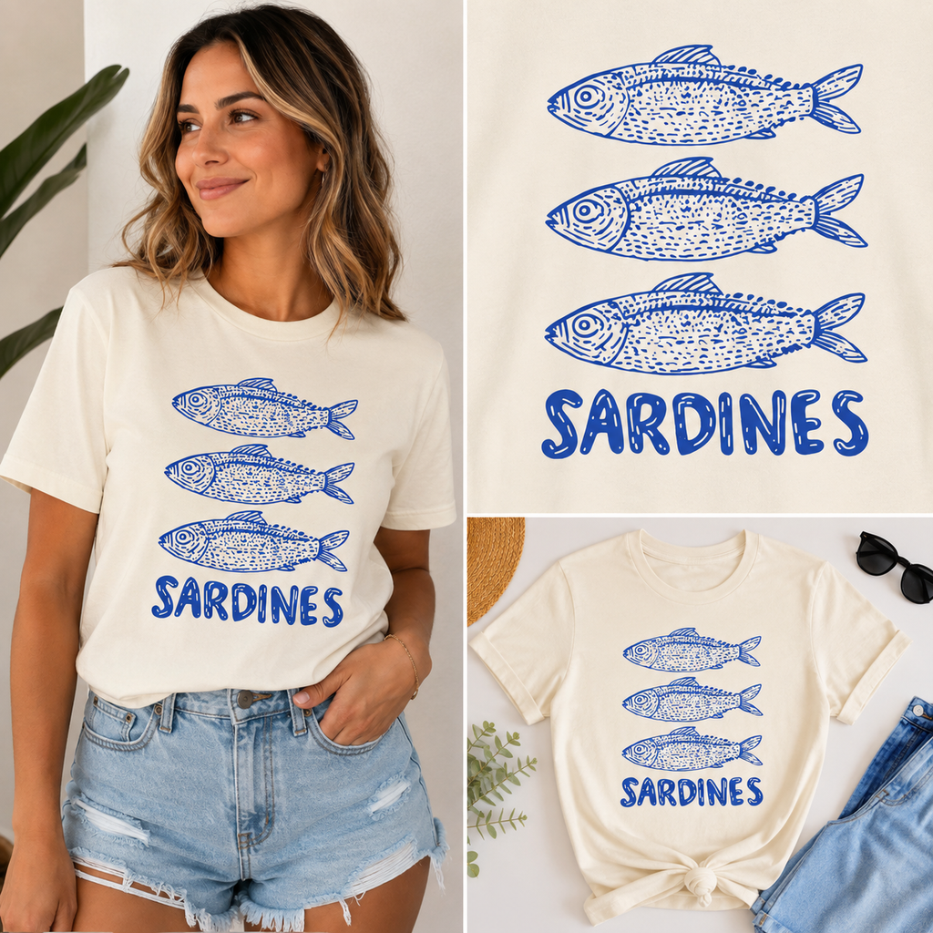 Vintage Sardines Graphic T-Shirt | Coastal Summer Tee | Blue Fish Graphic Shirt | Beach Aesthetic Unisex Jersey Tee | Nautical Seafood Lover Gift