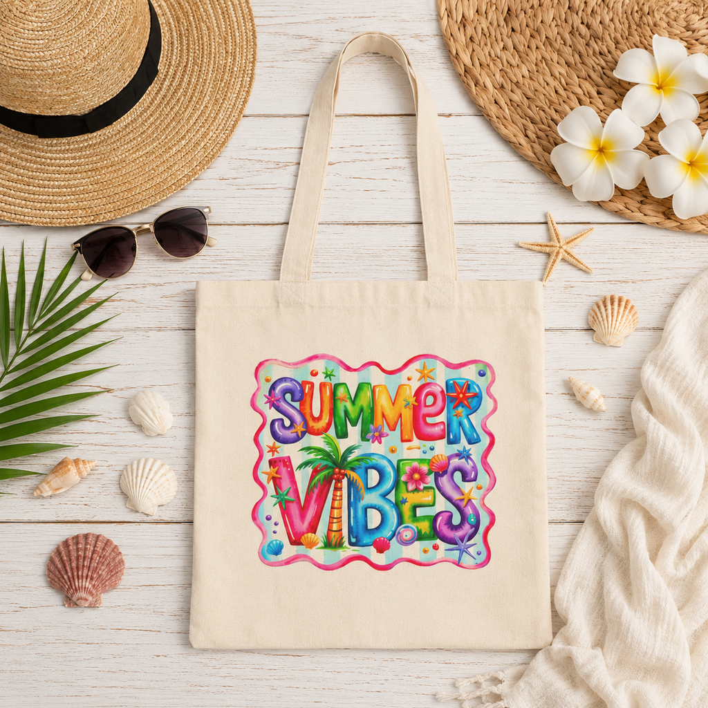 Summer Vibes Canvas Tote Bag | Colorful Beach Tote | Cute Tropical Reusable Shopping Bag | Vacation Gift for Women | Coastal Summer Tote