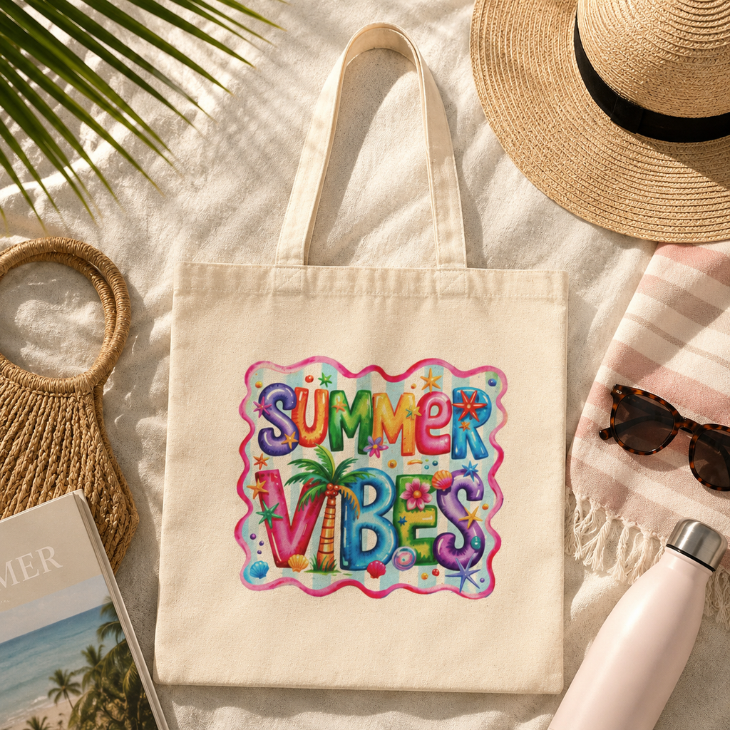 Summer Vibes Canvas Tote Bag | Colorful Beach Tote | Cute Tropical Reusable Shopping Bag | Vacation Gift for Women | Coastal Summer Tote