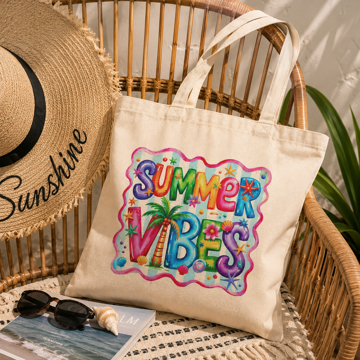 Summer Vibes Canvas Tote Bag | Colorful Beach Tote | Cute Tropical Reusable Shopping Bag | Vacation Gift for Women | Coastal Summer Tote