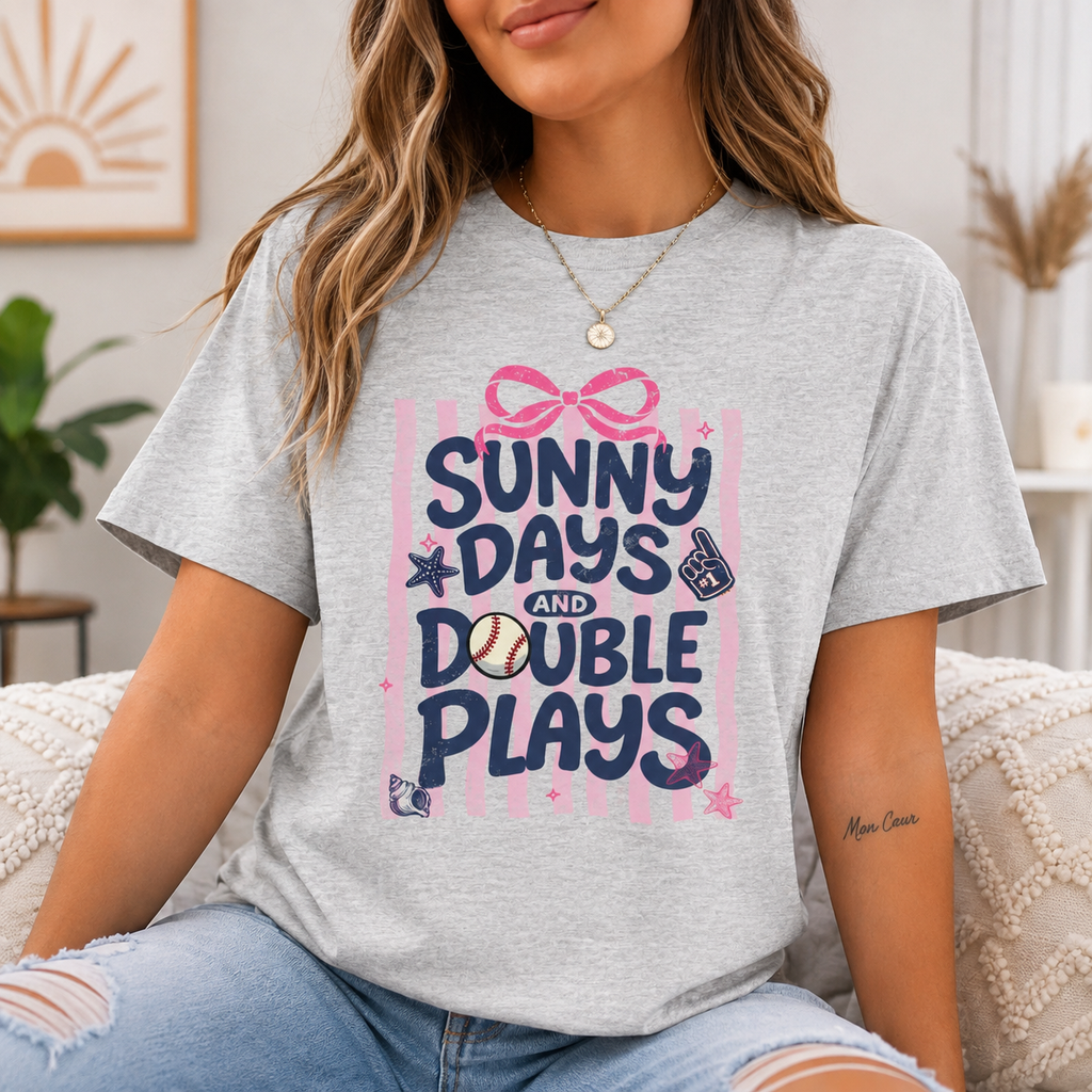Sunny Days and Double Plays Baseball T-Shirt | Cute Pink Bow Baseball Graphic Tee | Women's Summer Sports Shirt | Soft Jersey Tee | Baseball Mom Gift