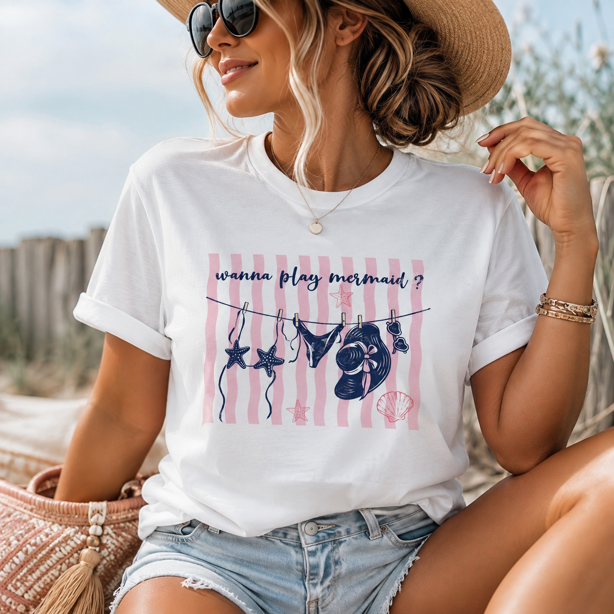 Wanna Play Mermaid? Beach Graphic T-Shirt | Coastal Summer Aesthetic Tee | Cute Mermaid Lover Shirt | Beach Vacation Gift for Women