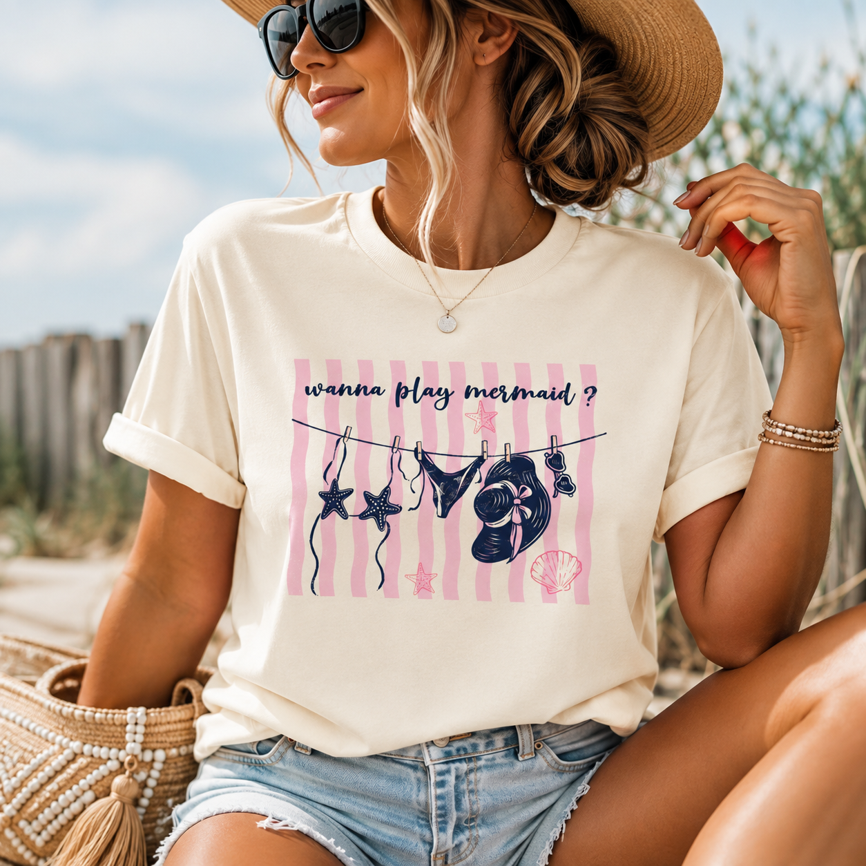 Wanna Play Mermaid? Beach Graphic T-Shirt | Coastal Summer Aesthetic Tee | Cute Mermaid Lover Shirt | Beach Vacation Gift for Women