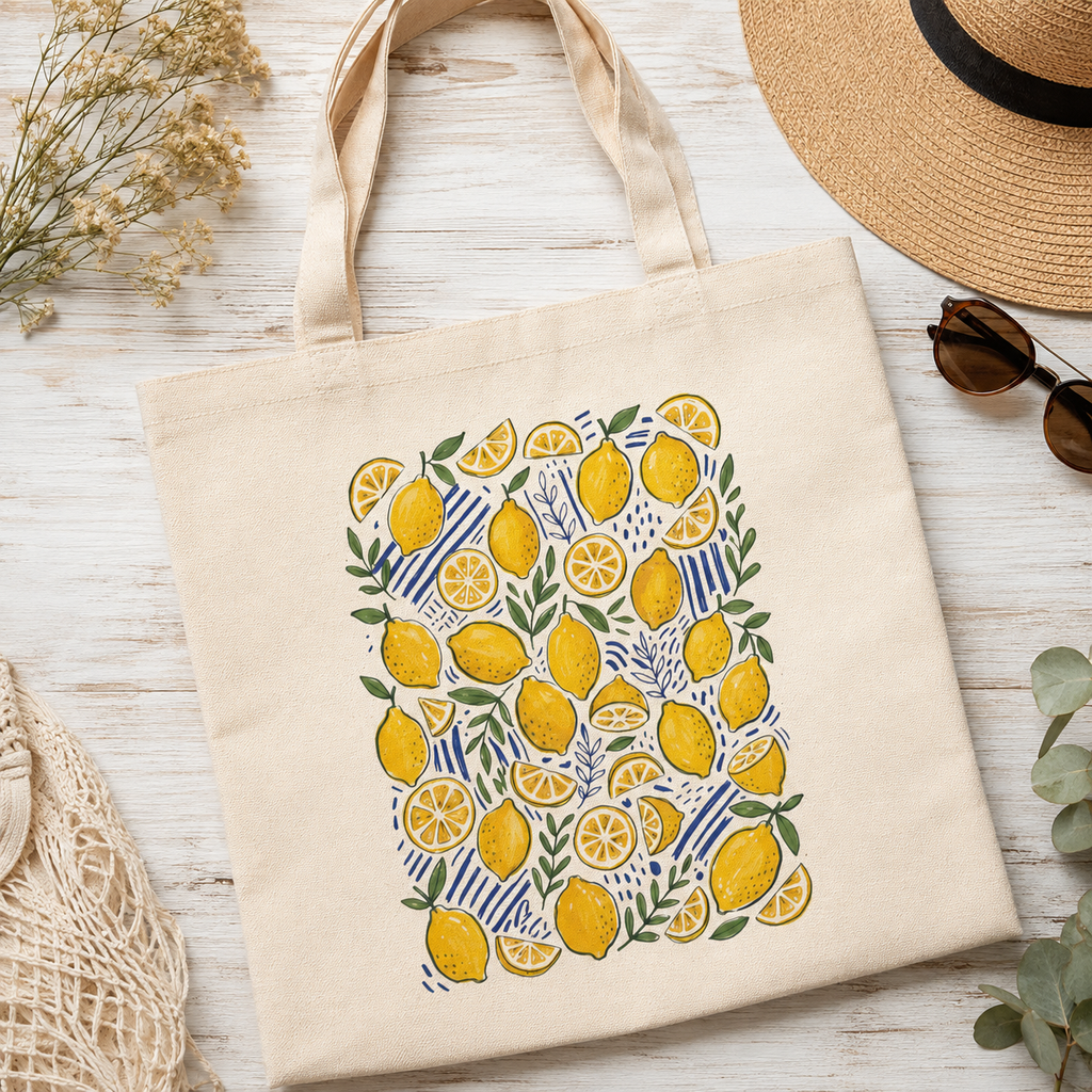 Lemon Canvas Tote Bag | Cute Summer Market Tote | Reusable Beach Bag | Botanical Citrus Grocery Bag | Eco-Friendly Everyday Shoulder Bag Gift for Women