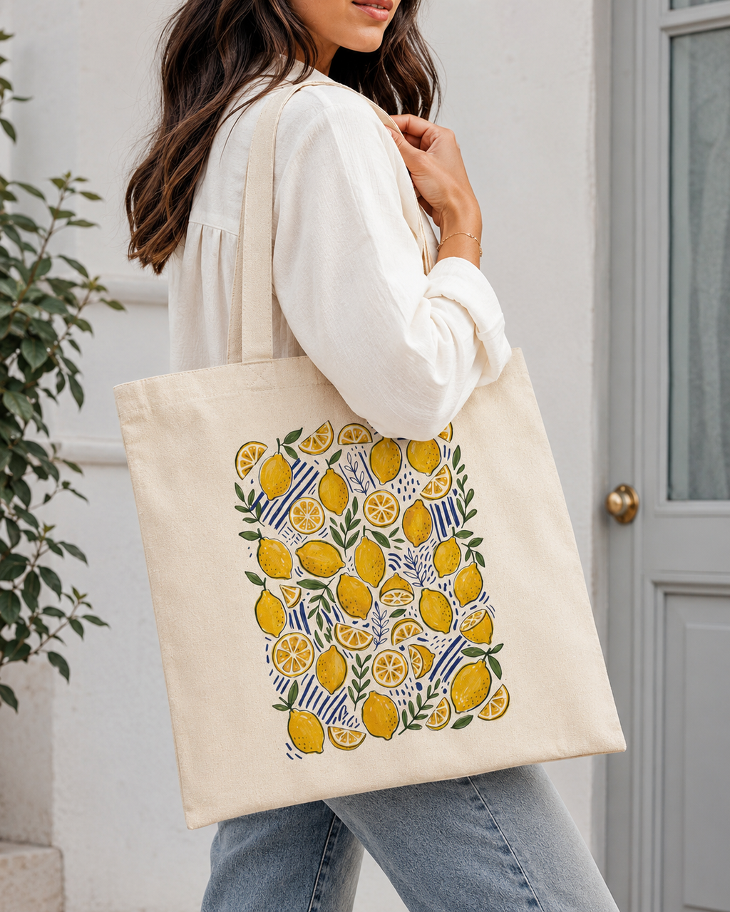 Lemon Canvas Tote Bag | Cute Summer Market Tote | Reusable Beach Bag | Botanical Citrus Grocery Bag | Eco-Friendly Everyday Shoulder Bag Gift for Women