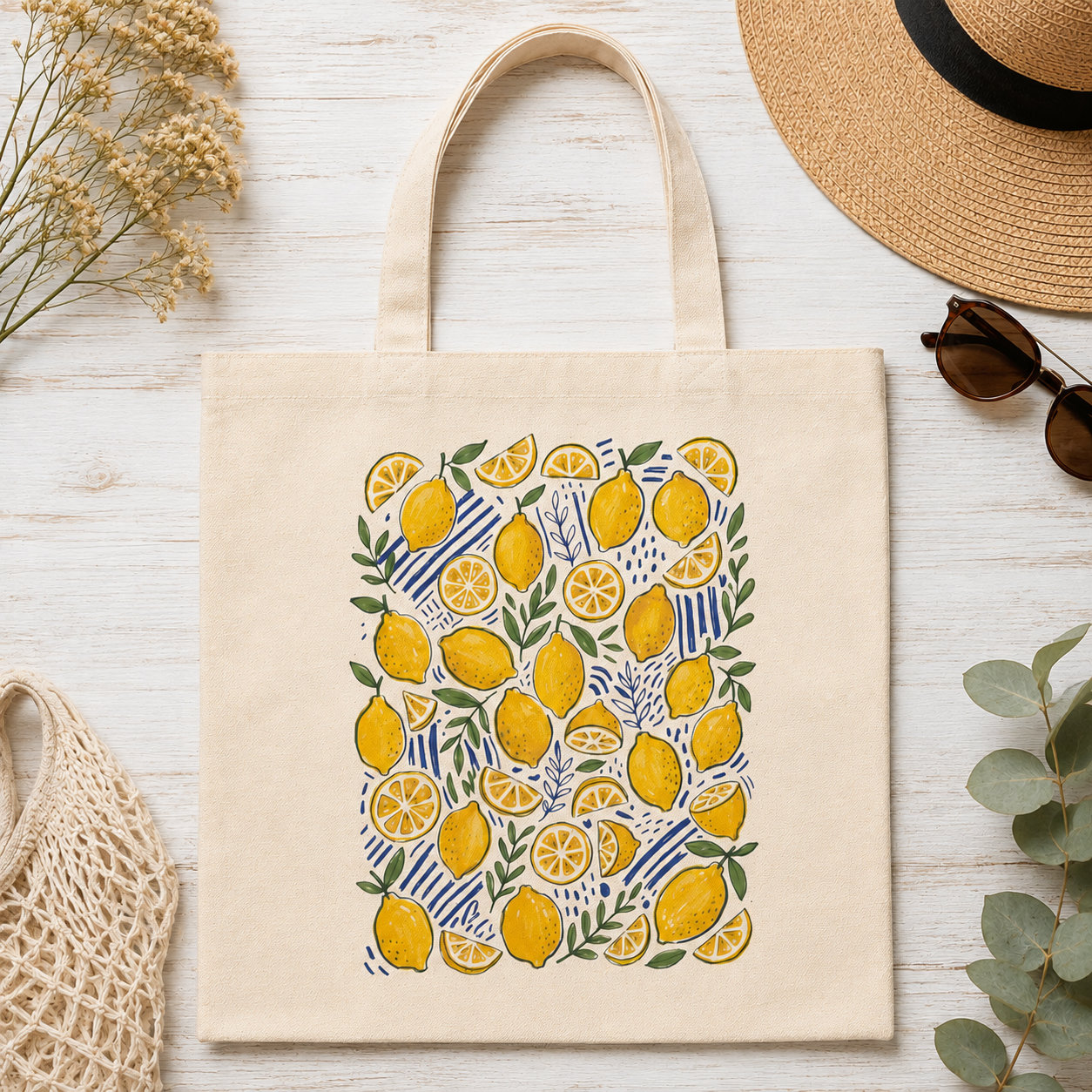 Lemon Canvas Tote Bag | Cute Summer Market Tote | Reusable Beach Bag | Botanical Citrus Grocery Bag | Eco-Friendly Everyday Shoulder Bag Gift for Women
