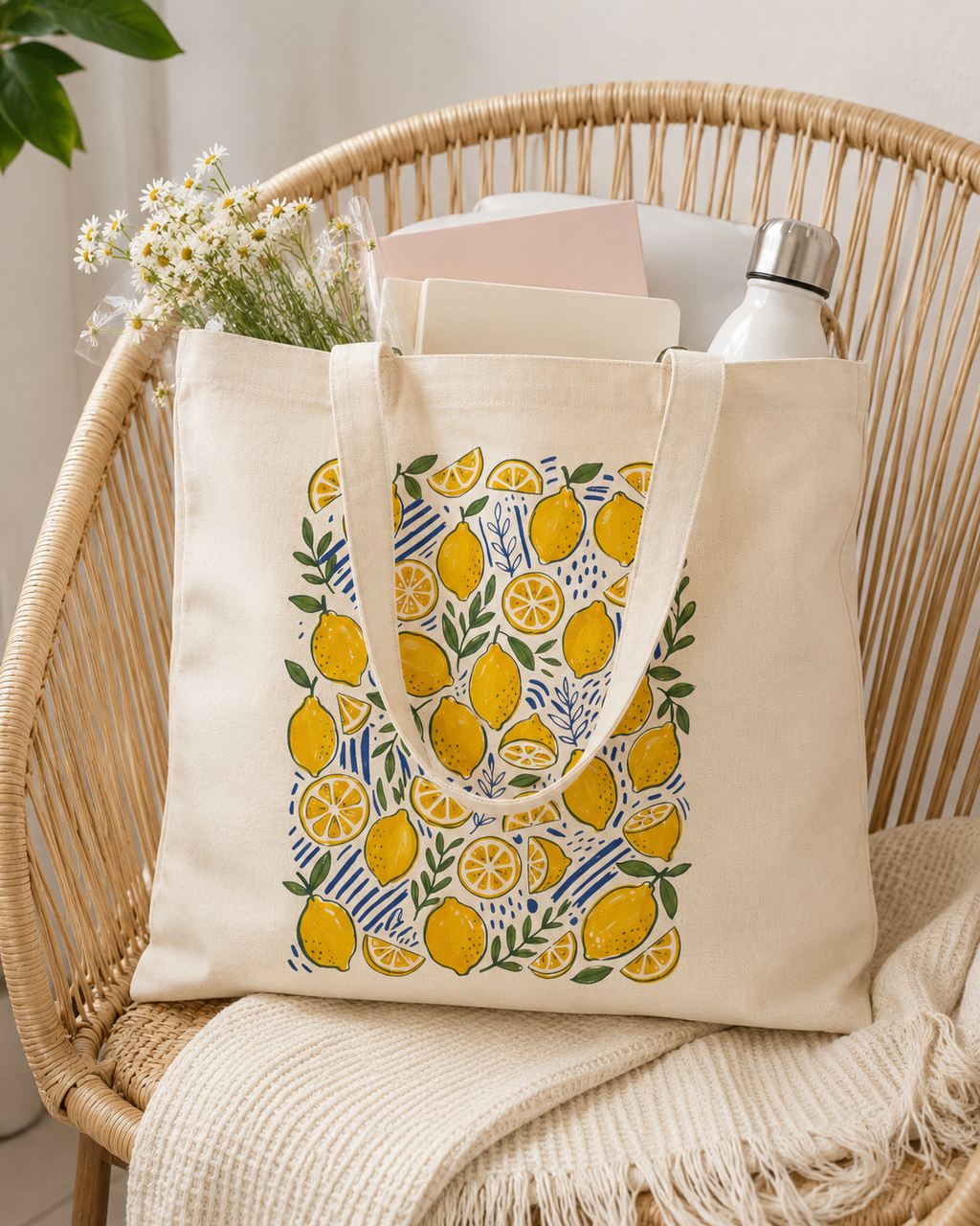 Lemon Canvas Tote Bag | Cute Summer Market Tote | Reusable Beach Bag | Botanical Citrus Grocery Bag | Eco-Friendly Everyday Shoulder Bag Gift for Women