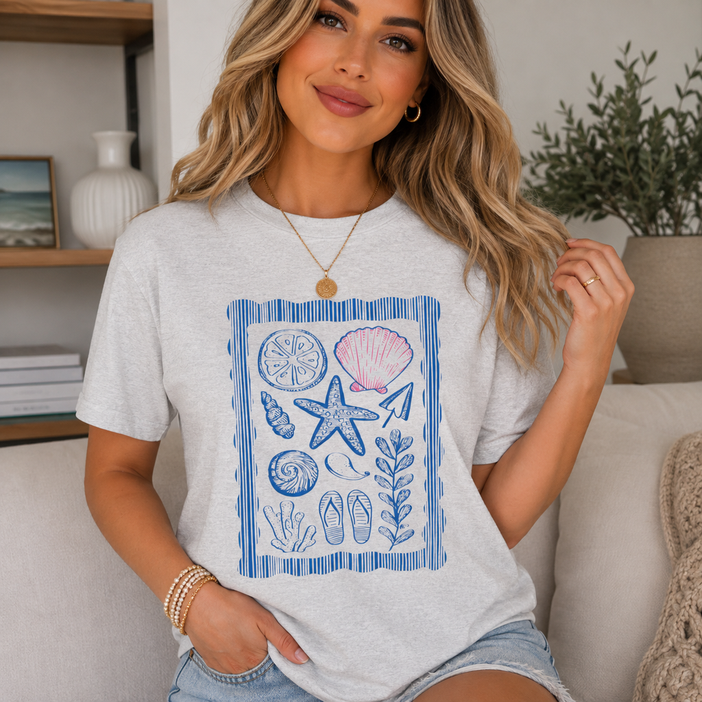 Coastal Seashell Graphic T-Shirt | Beach Summer Jersey Tee | Starfish Shell Coastal Shirt | Ocean Lover Gift | Cute Vacation Beachwear