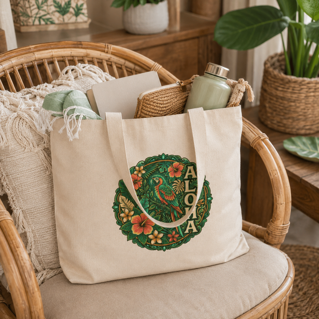 Aloha Tropical Parrot Canvas Tote Bag | Hawaiian Floral Beach Tote | Reusable Eco Shopping Bag | Island Vacation Gift | Boho Summer Shoulder Bag