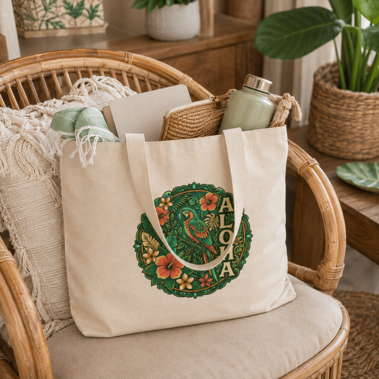 Aloha Tropical Parrot Canvas Tote Bag | Hawaiian Floral Beach Tote | Reusable Eco Shopping Bag | Island Vacation Gift | Boho Summer Shoulder Bag