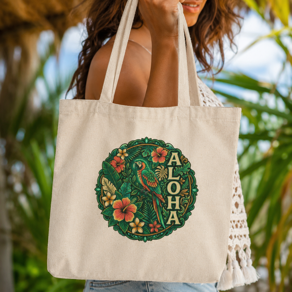 Aloha Tropical Parrot Canvas Tote Bag | Hawaiian Floral Beach Tote | Reusable Eco Shopping Bag | Island Vacation Gift | Boho Summer Shoulder Bag