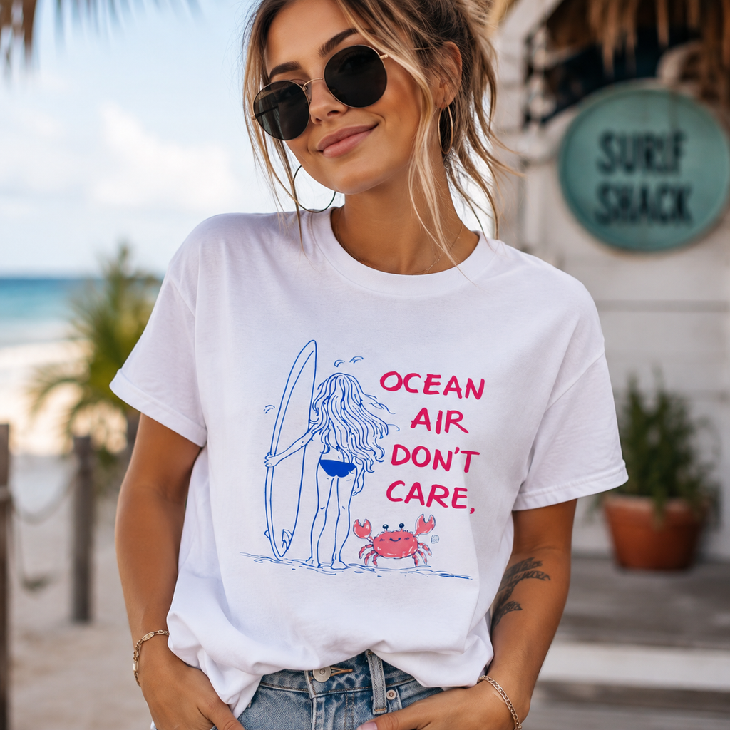 Ocean Air Don't Care Surf Girl T-Shirt | Beach Lover Graphic Tee | Coastal Summer Vacation Shirt | Cute Surfing Beach Graphic Gift for Women