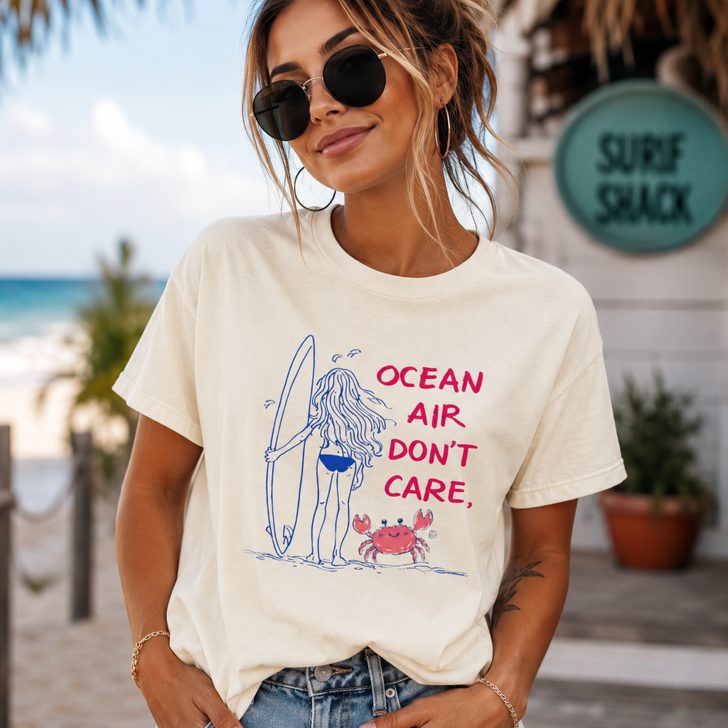 Ocean Air Don't Care Surf Girl T-Shirt | Beach Lover Graphic Tee | Coastal Summer Vacation Shirt | Cute Surfing Beach Graphic Gift for Women