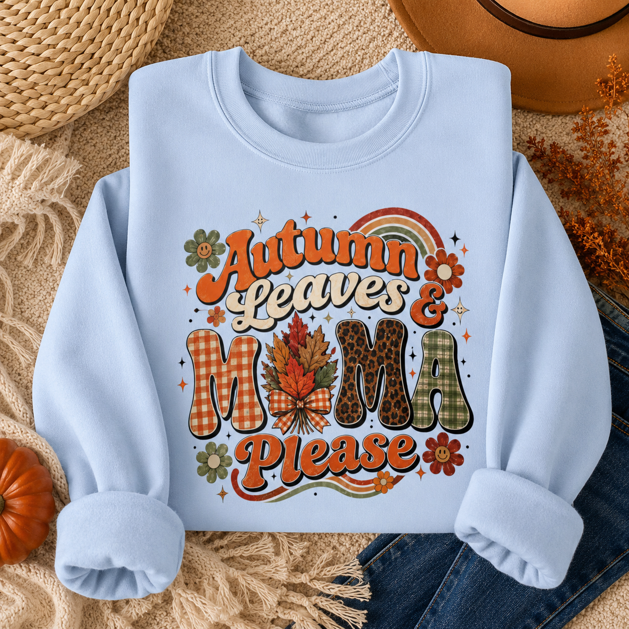 Autumn Leaves & Mama Please Sweatshirt – Retro Fall Mom Crewneck, Cozy Thanksgiving Mama Sweater, Cute Fall Gift for Mom