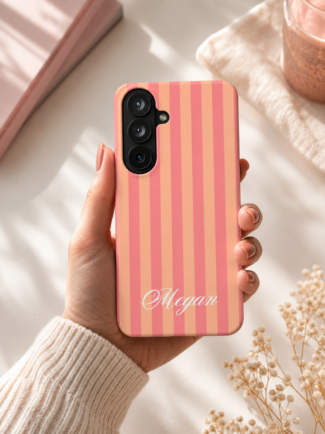 Personalized Pink & Peach Striped Phone Case | Custom Name iPhone & Samsung Case | Cute Preppy Aesthetic Protective Cover