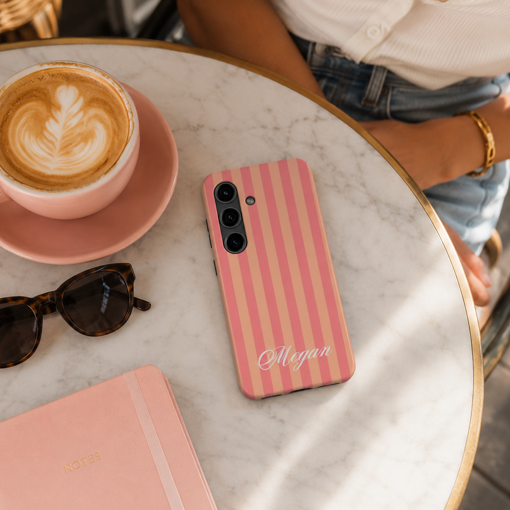Personalized Pink & Peach Striped Phone Case | Custom Name iPhone & Samsung Case | Cute Preppy Aesthetic Protective Cover