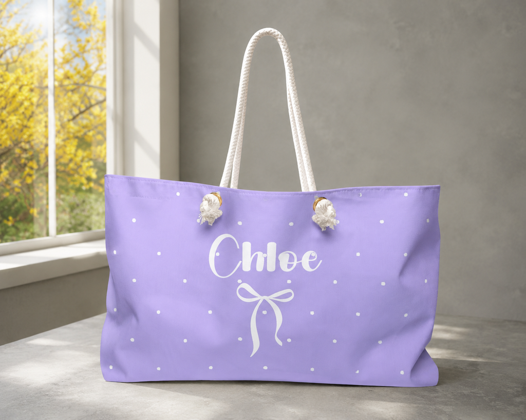 Personalized Lavender Weekender Bag with Name | Coquette Travel Tote | Custom Overnight Bag | Dance, Gym & Weekend Gift for Girls and Women