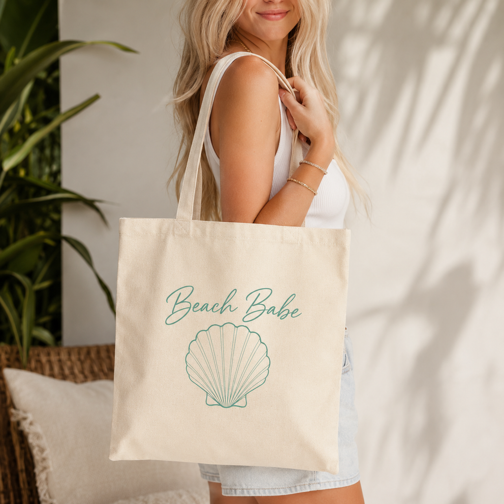 Beach Babe Canvas Tote Bag | Cute Coastal Beach Tote | Reusable Cotton Shopping Bag | Summer Vacation Tote | Seashell Aesthetic Gift for Beach Lovers