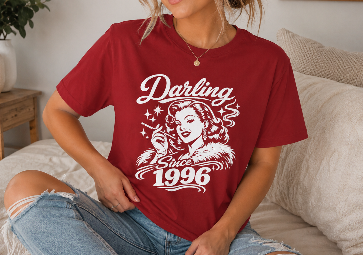 Darling Since 1996 Vintage Pin-Up Graphic T-Shirt | Retro Women's Jersey Tee | Birthday Gift for Women Born in 1996 | Classic Old Hollywood Graphic Shirt