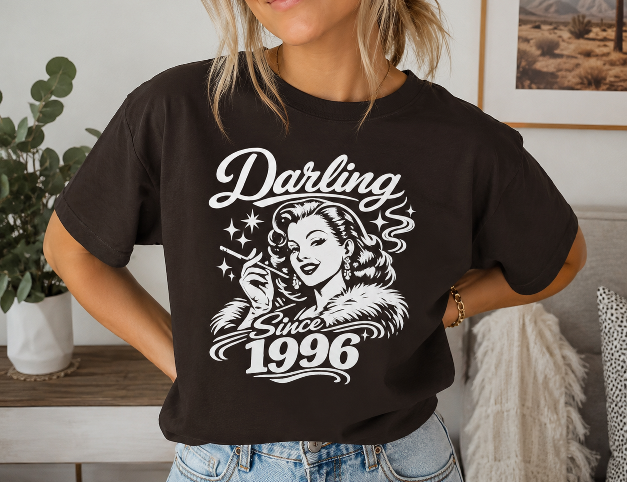 Darling Since 1996 Vintage Pin-Up Graphic T-Shirt | Retro Women's Jersey Tee | Birthday Gift for Women Born in 1996 | Classic Old Hollywood Graphic Shirt
